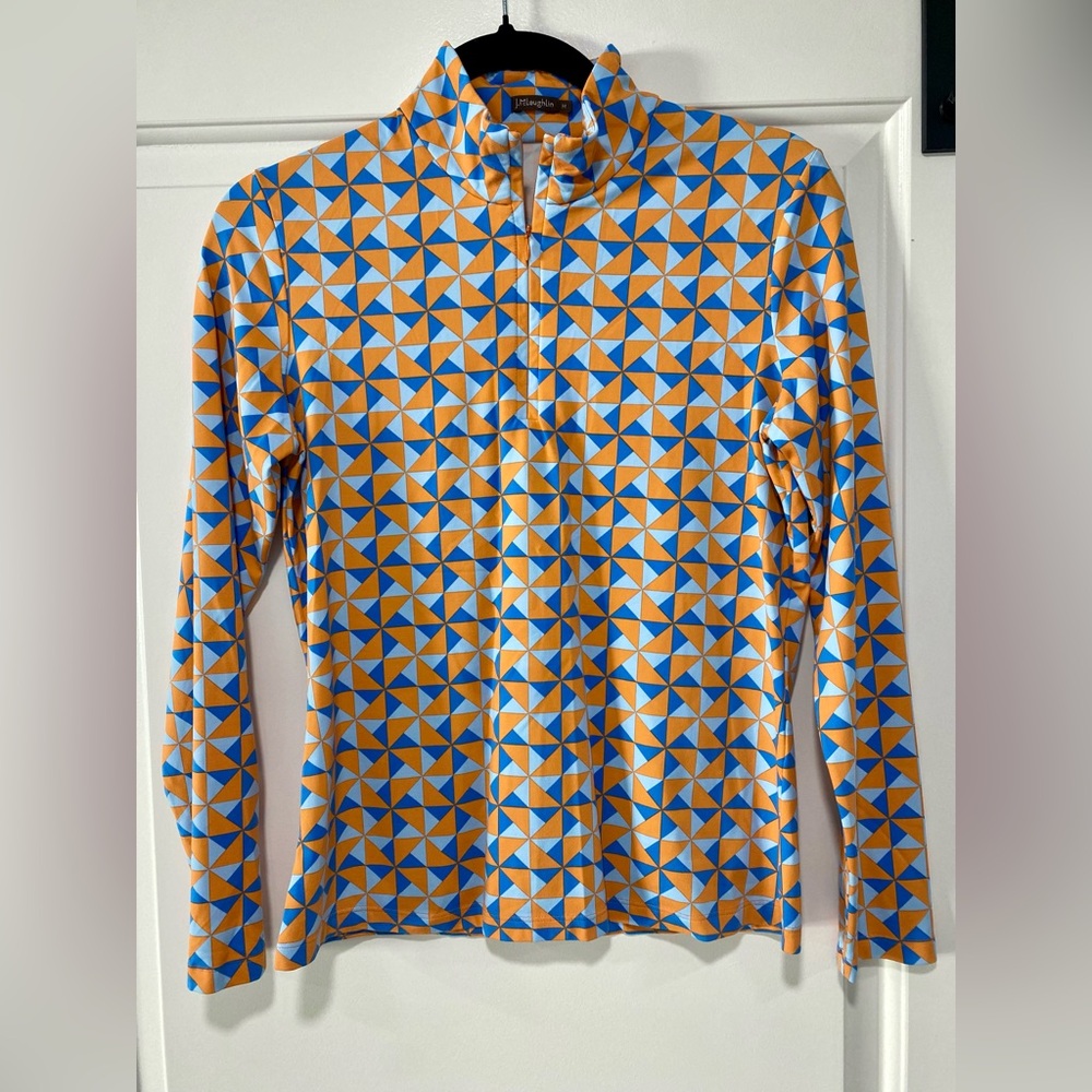 J. McLaughlin Women’s Geometric Long Sleeve Quarter zip pullover Orange and Blue